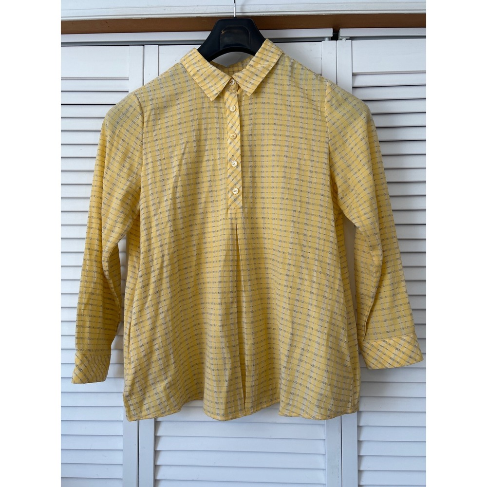 Christopher & Banks Petite Yellow‎ Plaid Button Front Long Sleeve Shirt Top PM